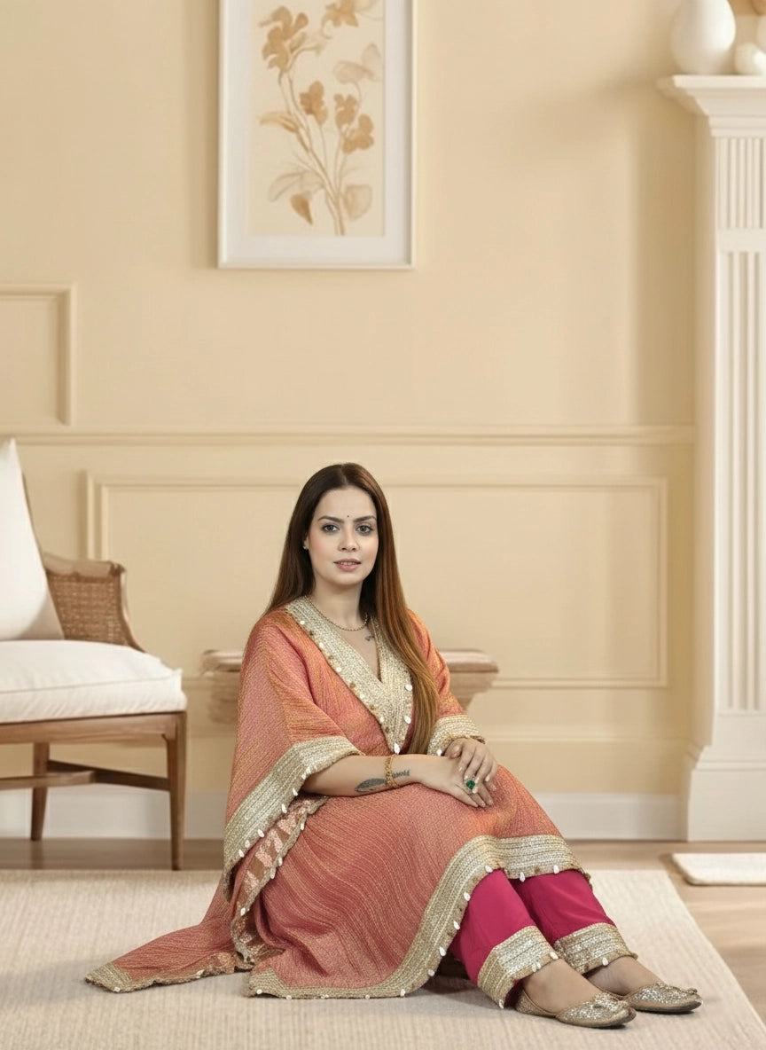 Woman in traditional attire sitting in a room with beige walls and a chair.