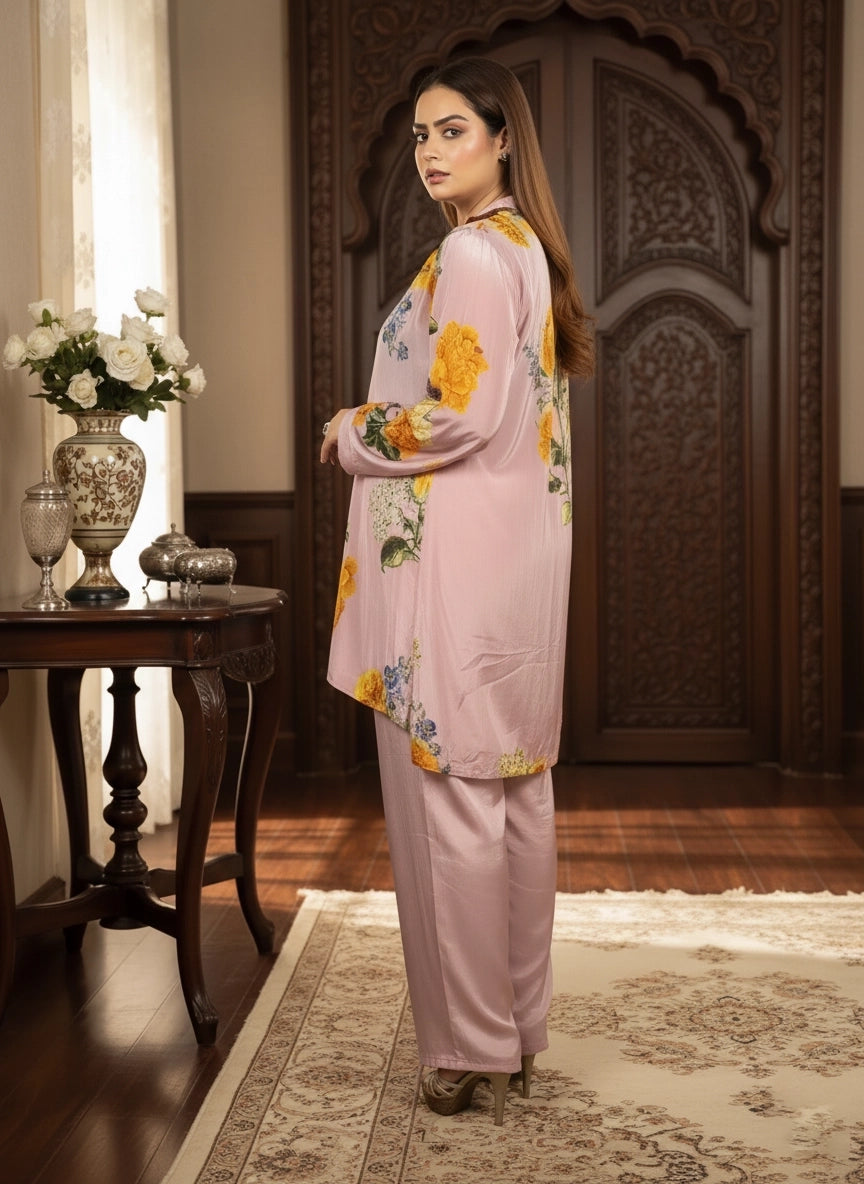 Woman in a floral outfit standing in a decorated room with a wooden table and decorative items.