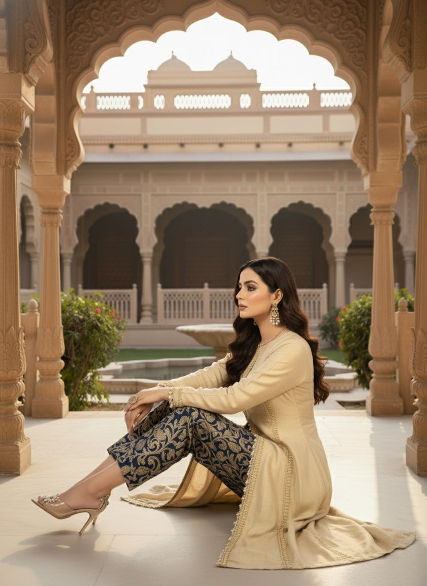 Woman in traditional attire sitting in a courtyard with architectural beauty in the background