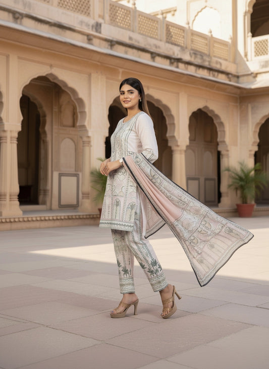 Woman in traditional outfit standing in a courtyard with architectural background