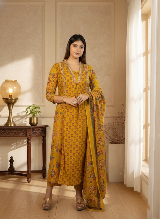 Woman in a yellow traditional outfit standing in a well-lit room with decor elements.