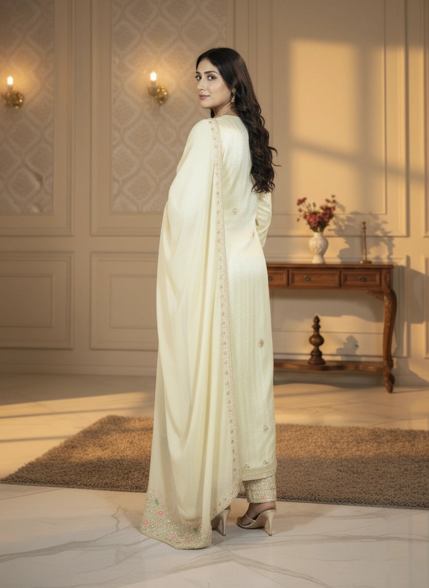 Woman in a white suit standing in a room with decorative wall paneling and a table.