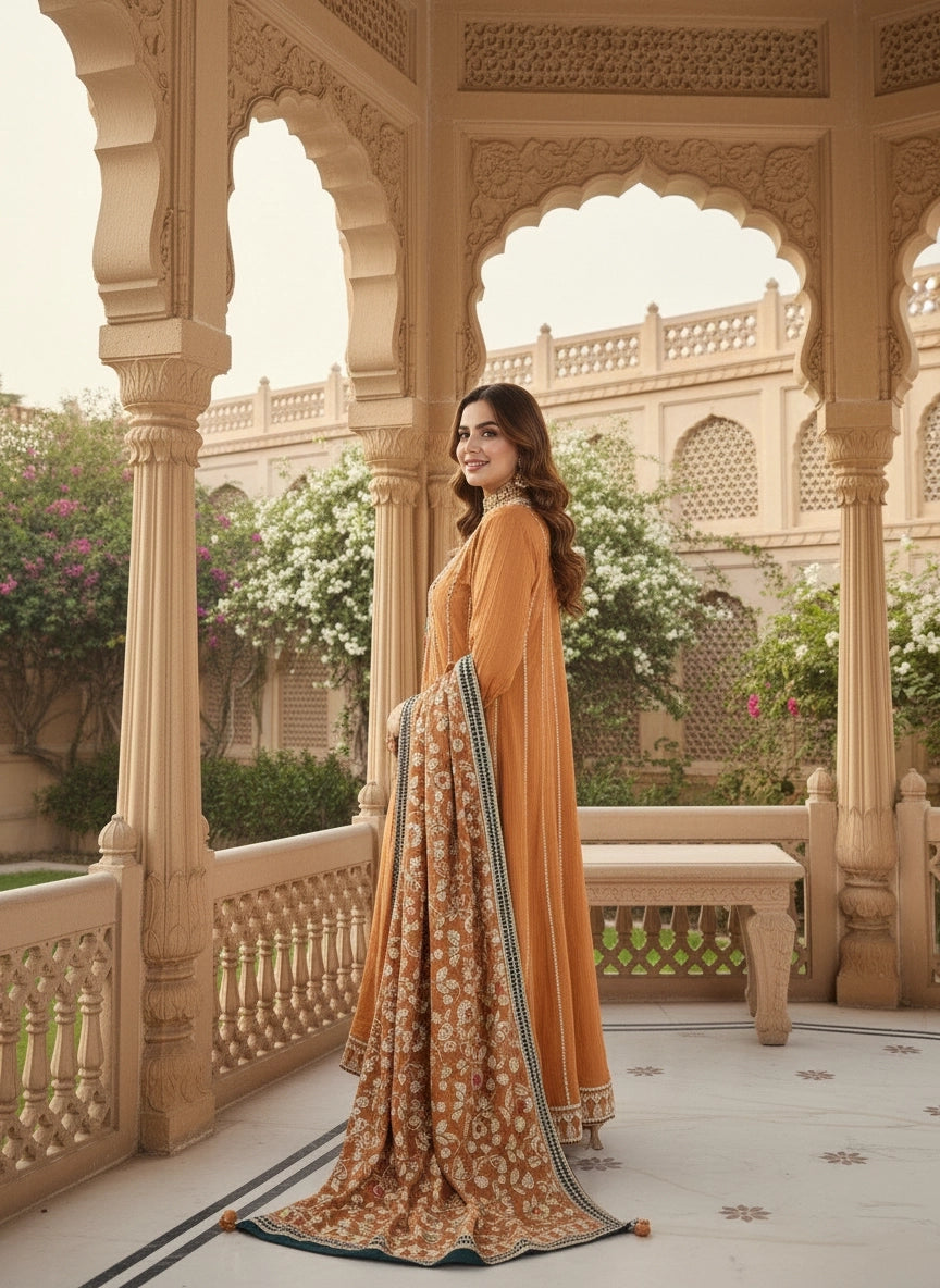 Rust Chinon Anarkali with Phulkari Dupatta | Gota & Mirror Work Embroidery