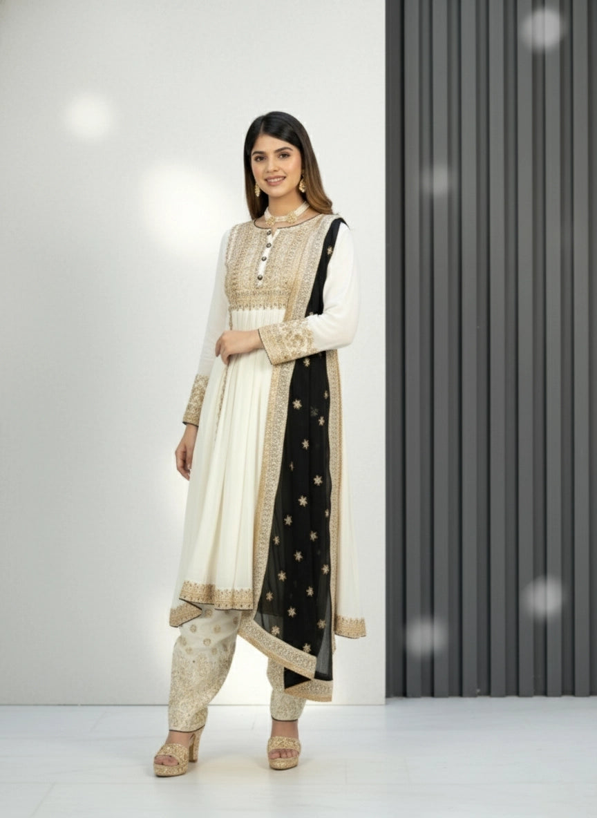 Woman wearing a traditional outfit with a white and black design against a gray curtain background