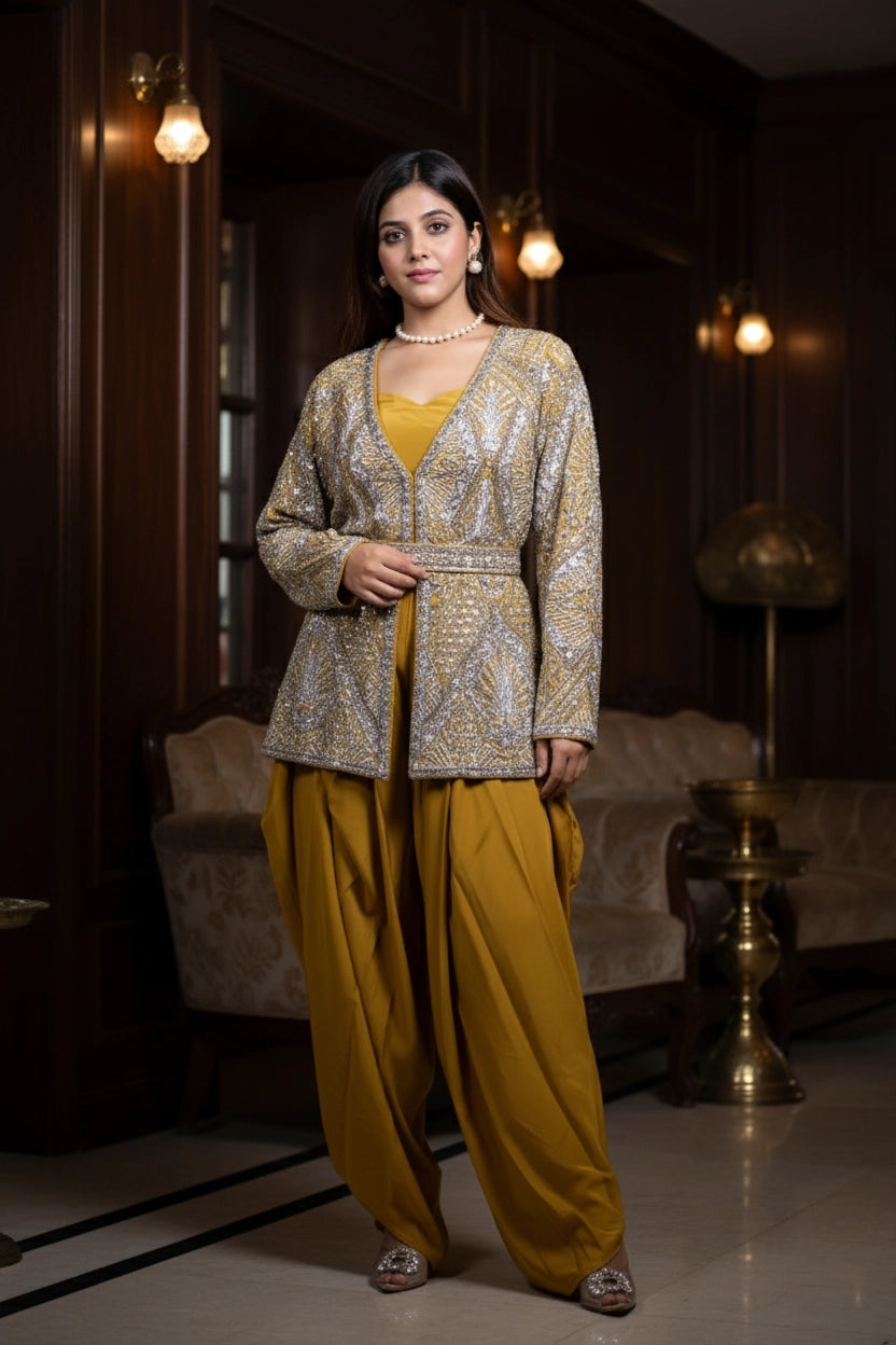 Woman in a traditional outfit standing in an elegant room with dim lighting.