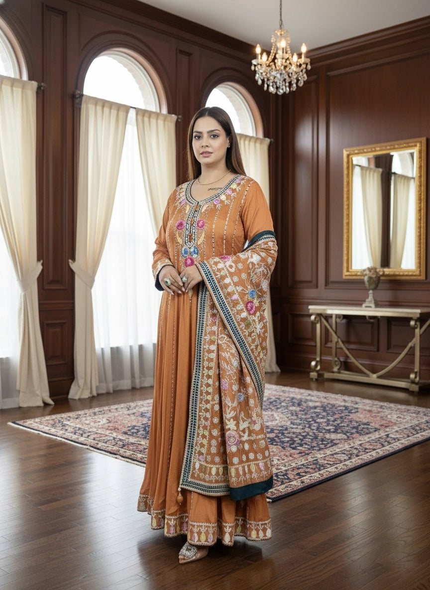 Rust Chinon Anarkali with Phulkari Dupatta | Gota & Mirror Work Embroidery