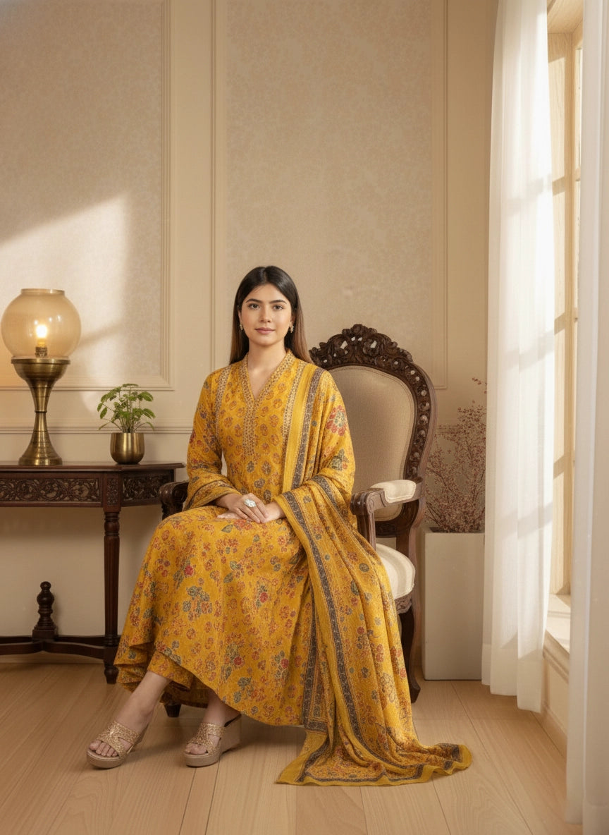 Woman in a yellow traditional outfit sitting on a chair in a well-lit room.