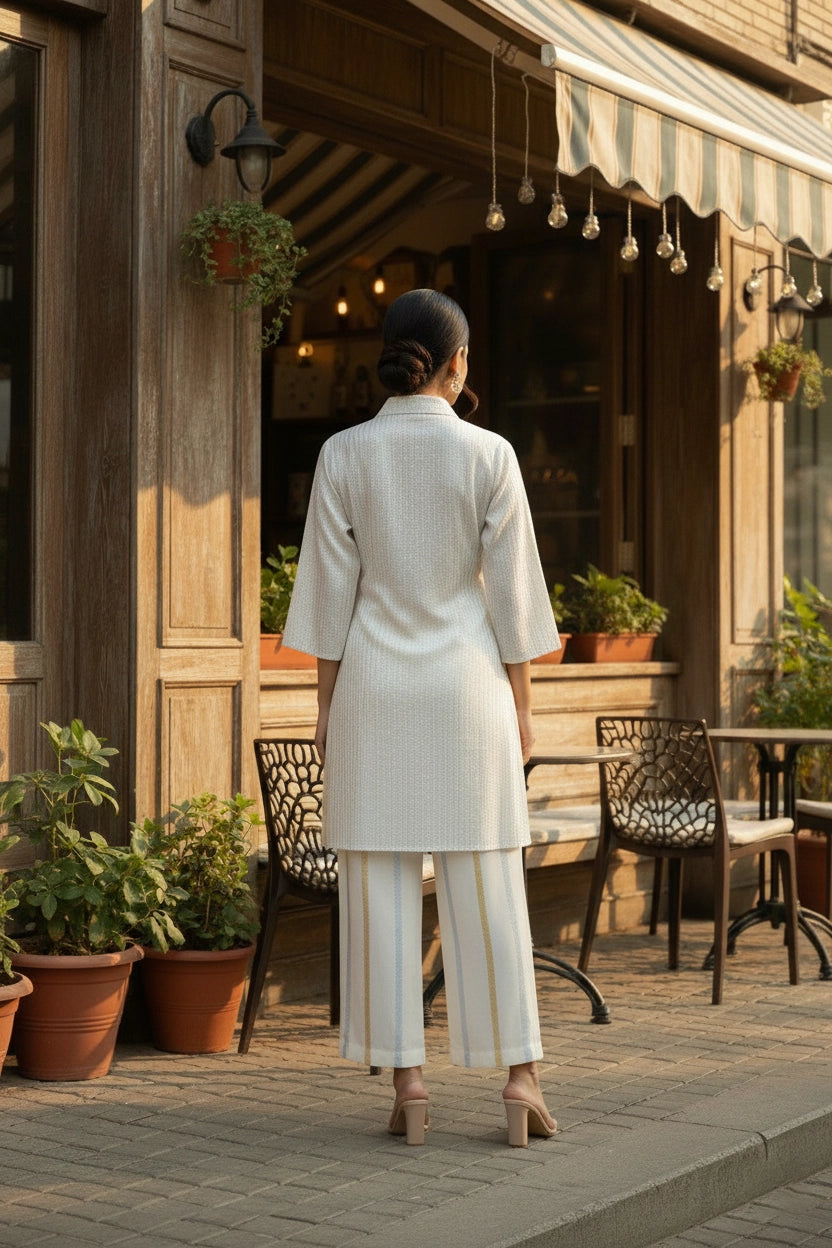 Woman in a white outfit walking past a wooden building with outdoor seating.