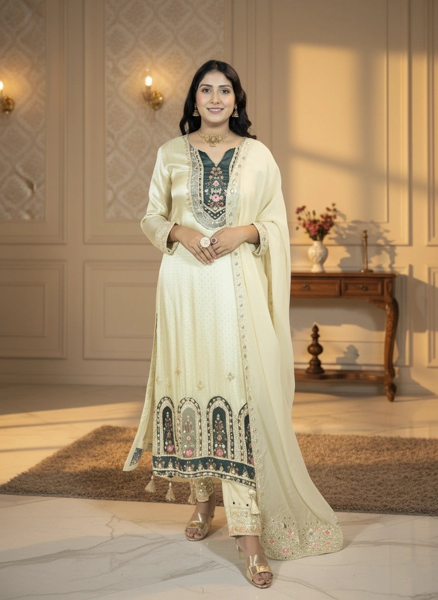 Woman in a traditional outfit standing in a well-lit room with decorative elements.