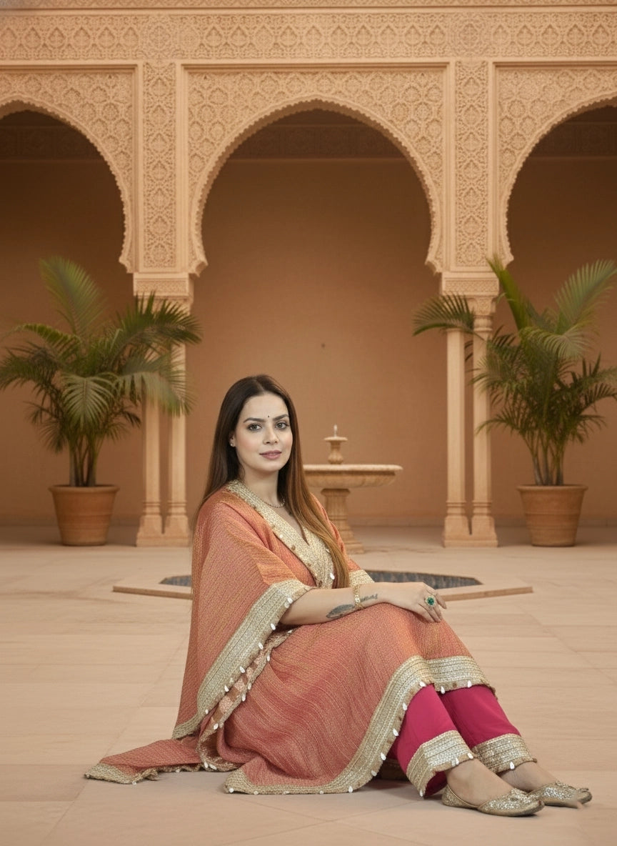 Woman in traditional attire sitting in a decorative indoor setting with arches and plants.