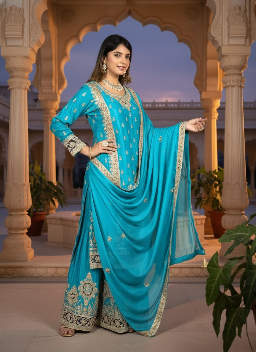 Woman in a blue traditional outfit standing in an architectural setting with plants.