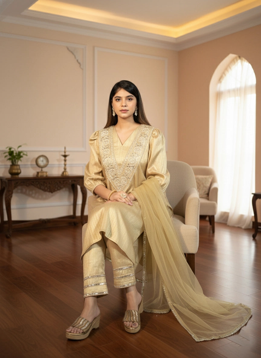 Woman in a beige traditional outfit sitting in a well-furnished room.