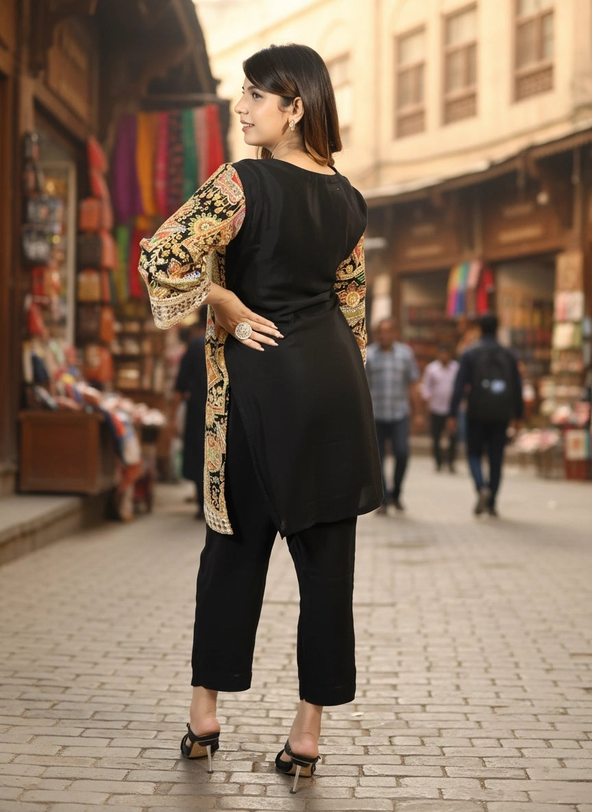 Woman in black outfit with floral sleeves standing on a street with shops in the background