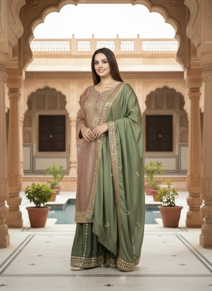 Woman in a green saree standing in an ornate architectural setting with a pool in the background.