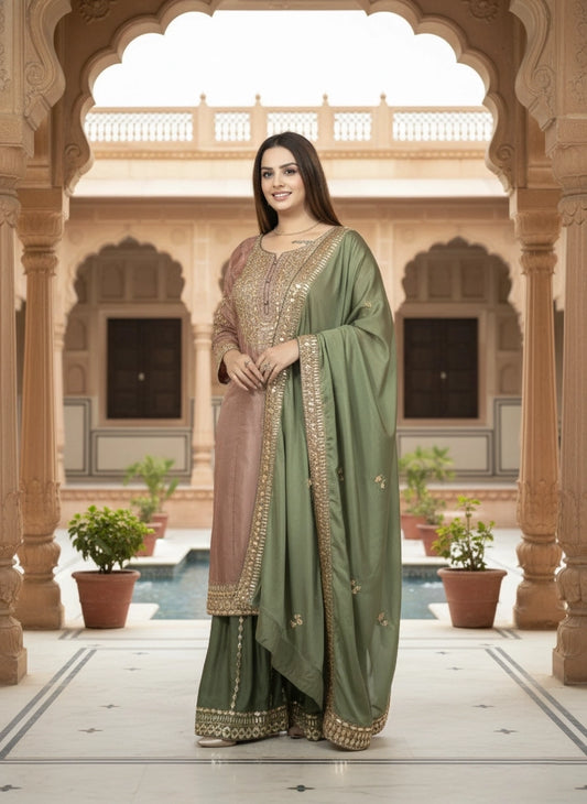 Woman in a green saree standing in an ornate architectural setting with a pool in the background.