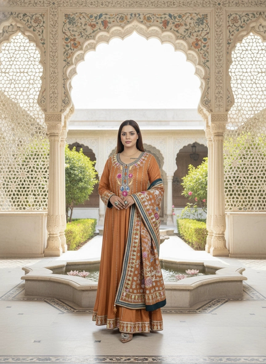 Rust Chinon Anarkali with Phulkari Dupatta | Gota & Mirror Work Embroidery