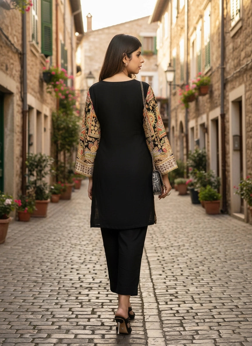 Woman walking down a cobblestone street in an old town, wearing a black outfit with a patterned jacket.