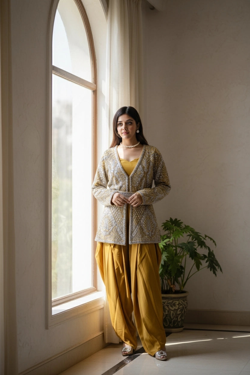 Woman in a patterned cardigan and yellow pants standing by a window with a plant in the background.