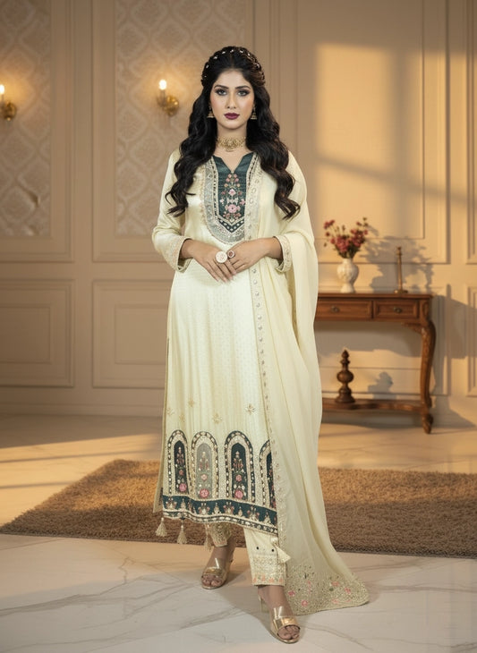 Woman in a traditional outfit with intricate designs in a well-lit room.