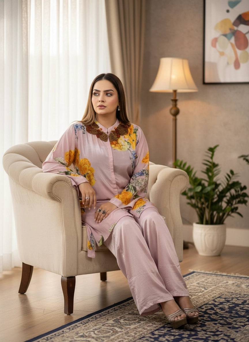 Woman in a pink traditional outfit sitting on a chair in a well-decorated room.