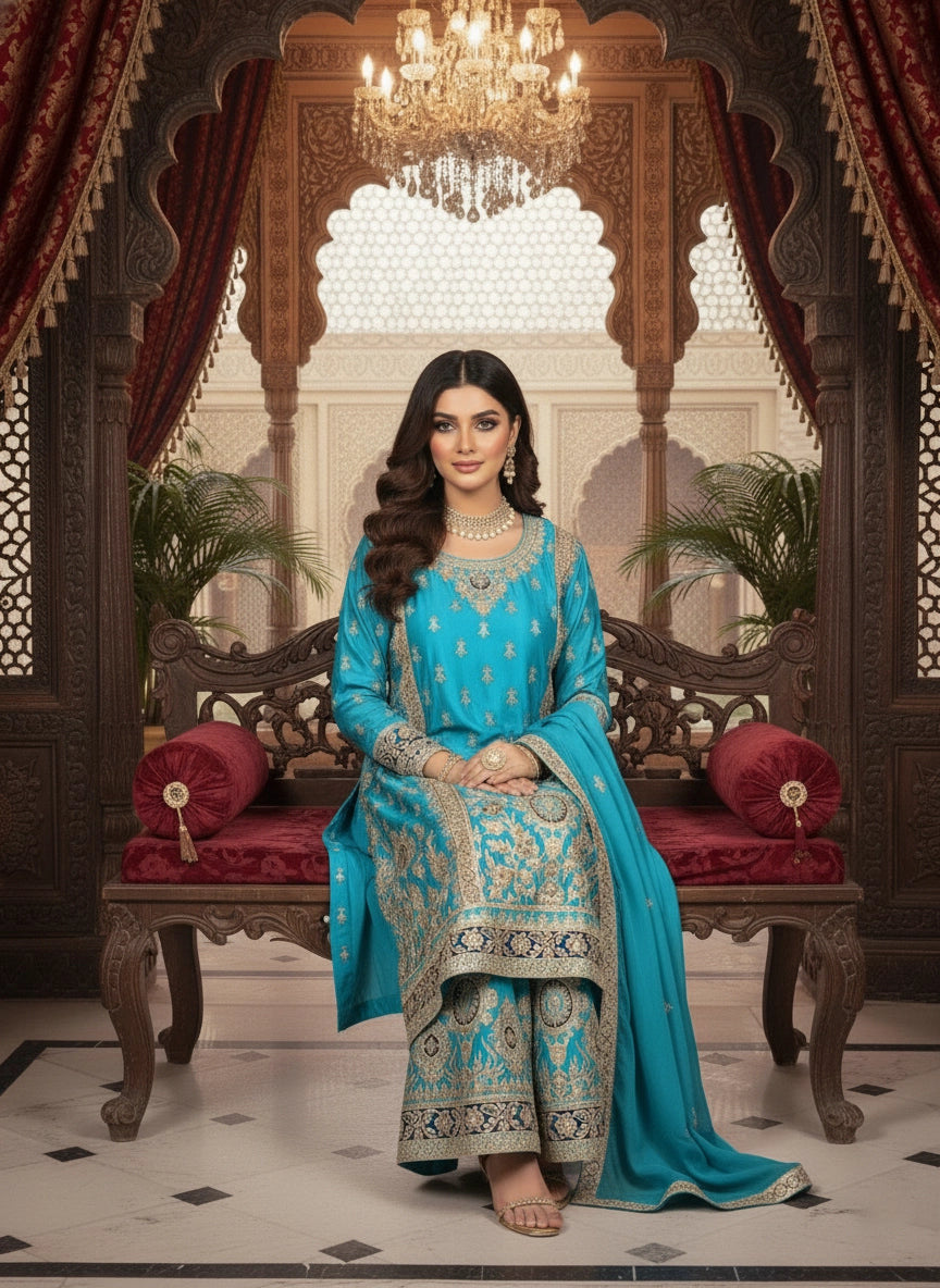 Woman in a blue traditional outfit standing in an ornate room with a chandelier.