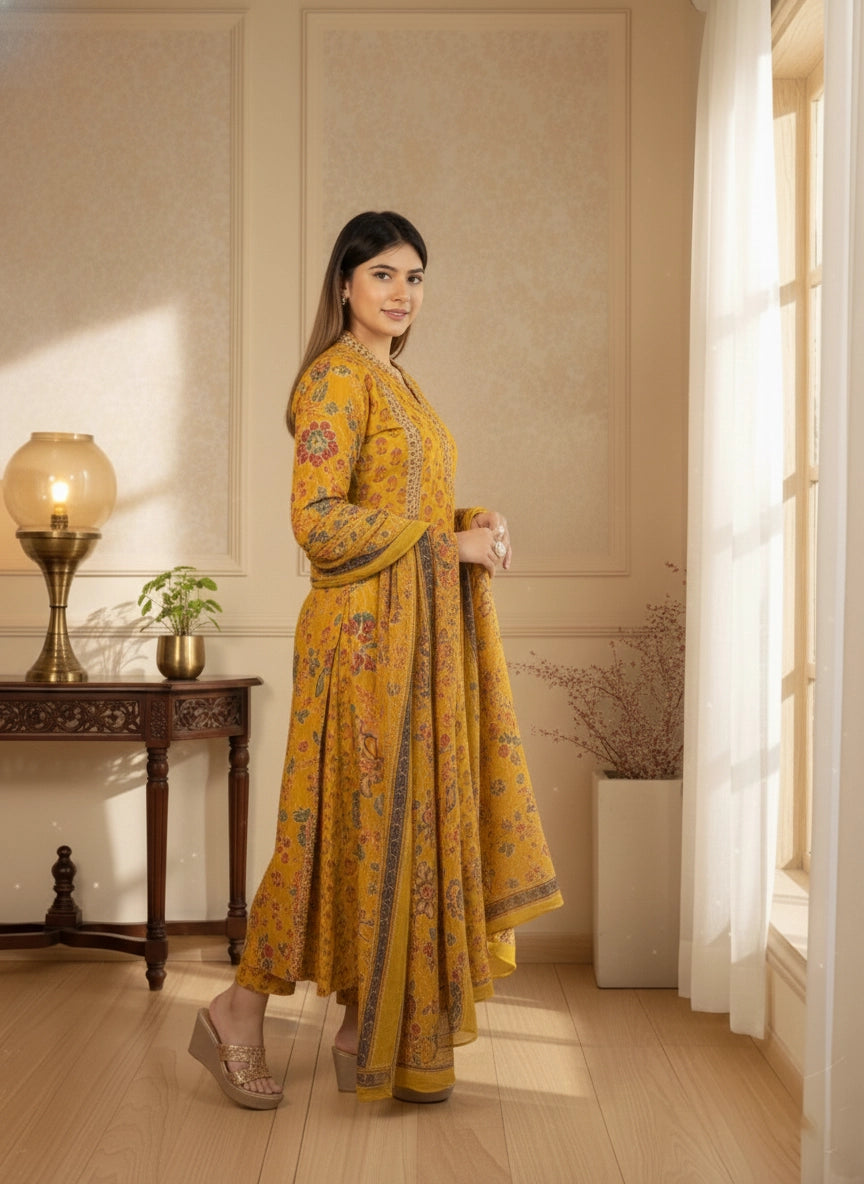 Woman in a yellow patterned dress standing in a well-lit room with a lamp and plant.