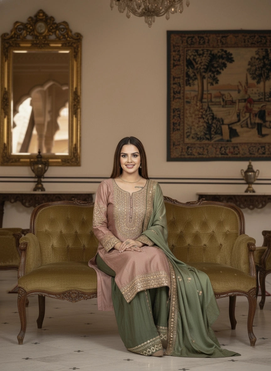 Woman in traditional attire sitting on a green sofa in an ornate room with mirrors and tapestries.