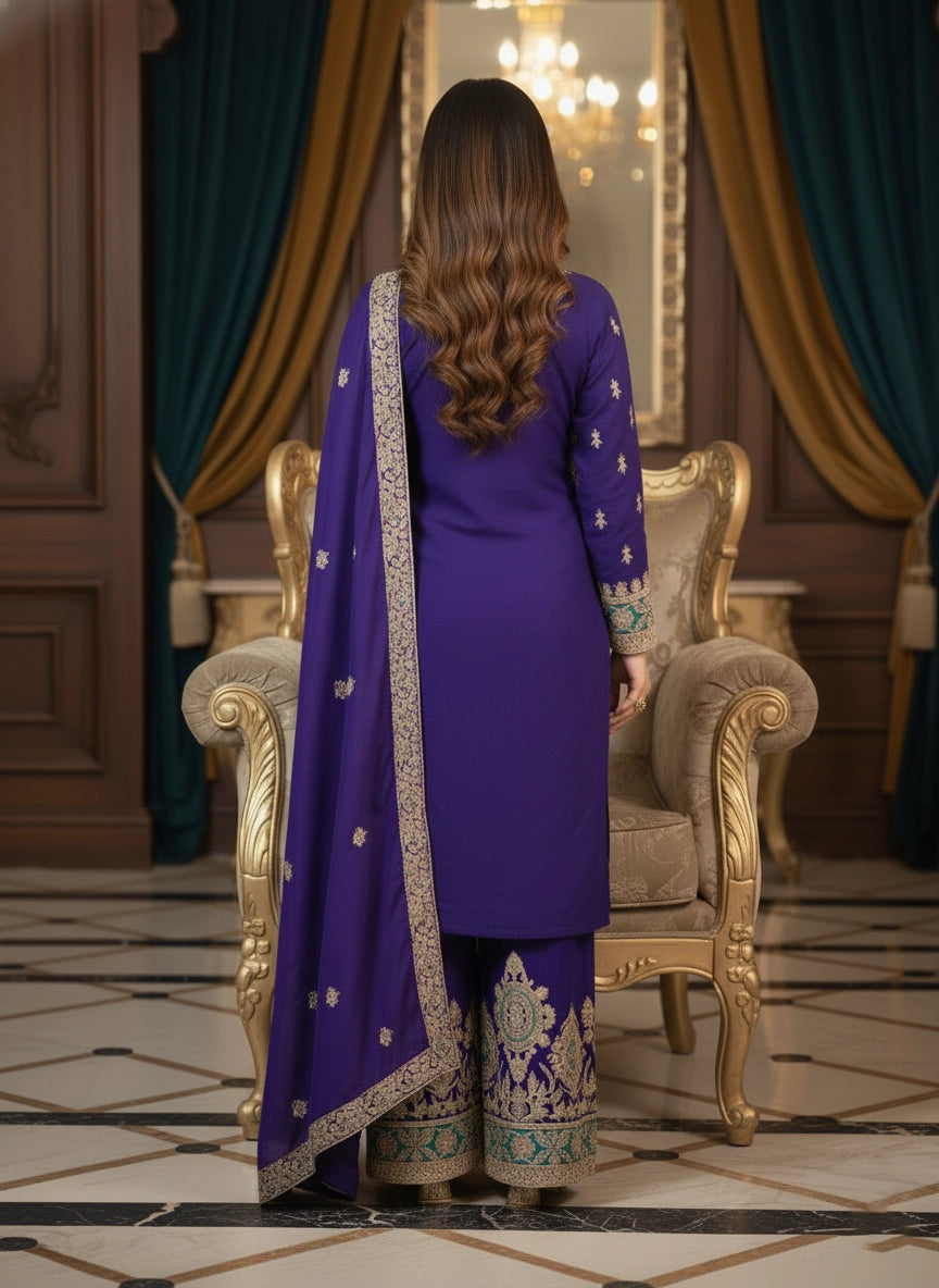 Woman in a purple traditional outfit standing in an elegant room with ornate decor.