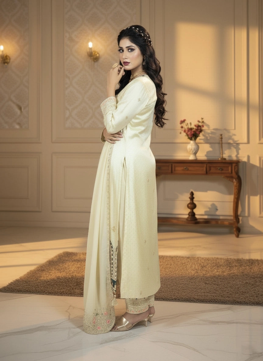 Woman in a white traditional outfit standing in a well-lit room with decorative elements.
