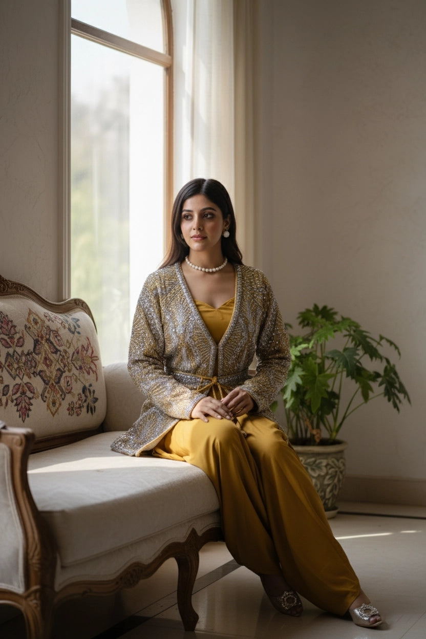 Woman in a patterned cardigan and yellow pants sitting on a couch by a window.
