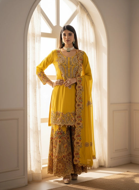 Woman in a yellow traditional outfit standing in a well-lit room with large windows.