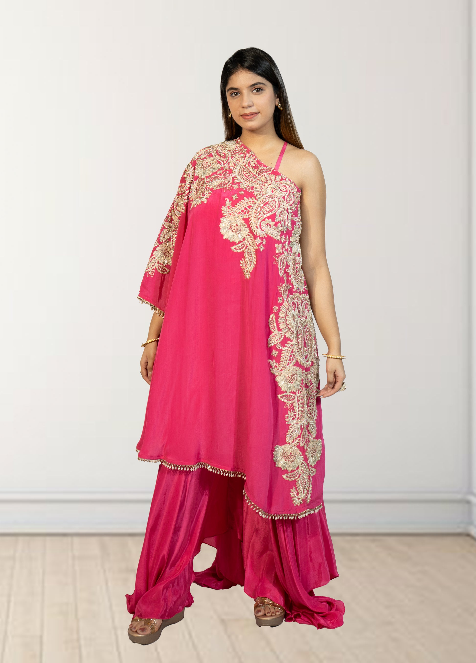 Hot Pink Off-Shoulder Cape with Sharara & Breastiser | Pearl, Lace, Cut Dana & Sequence Work | Indo Western | Sizes L–XXL - Bebo N Lolo
