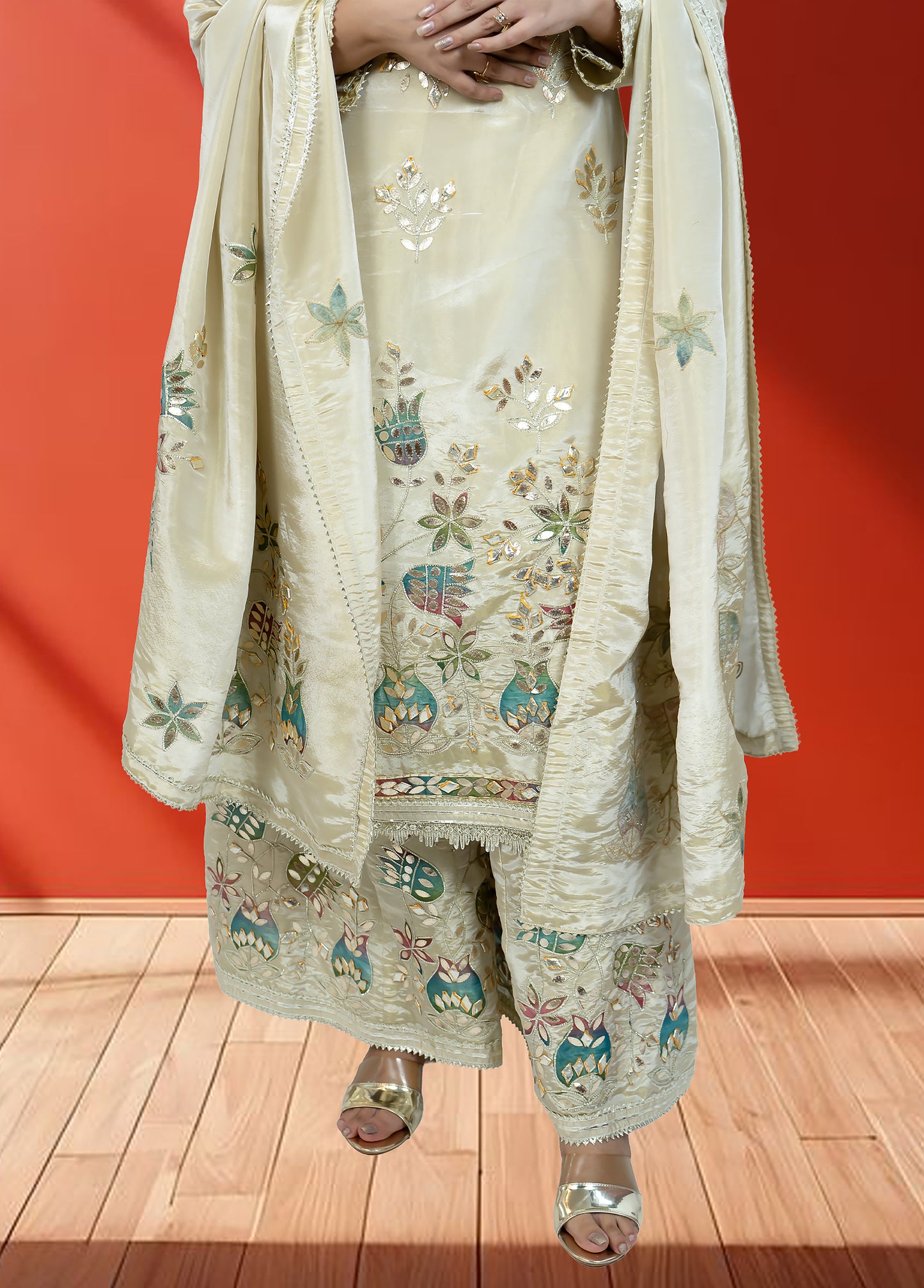 Off White Shimmer Tissue Garara Suit with Long Shirt & Heavy Dupatta | Gotta Patti Work | S–L Sizes - Bebo N Lolo