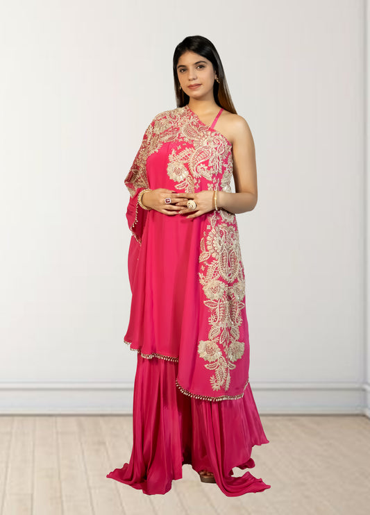 Hot Pink Off-Shoulder Cape with Sharara & Breastiser | Pearl, Lace, Cut Dana & Sequence Work | Indo Western | Sizes L–XXL - Bebo N Lolo