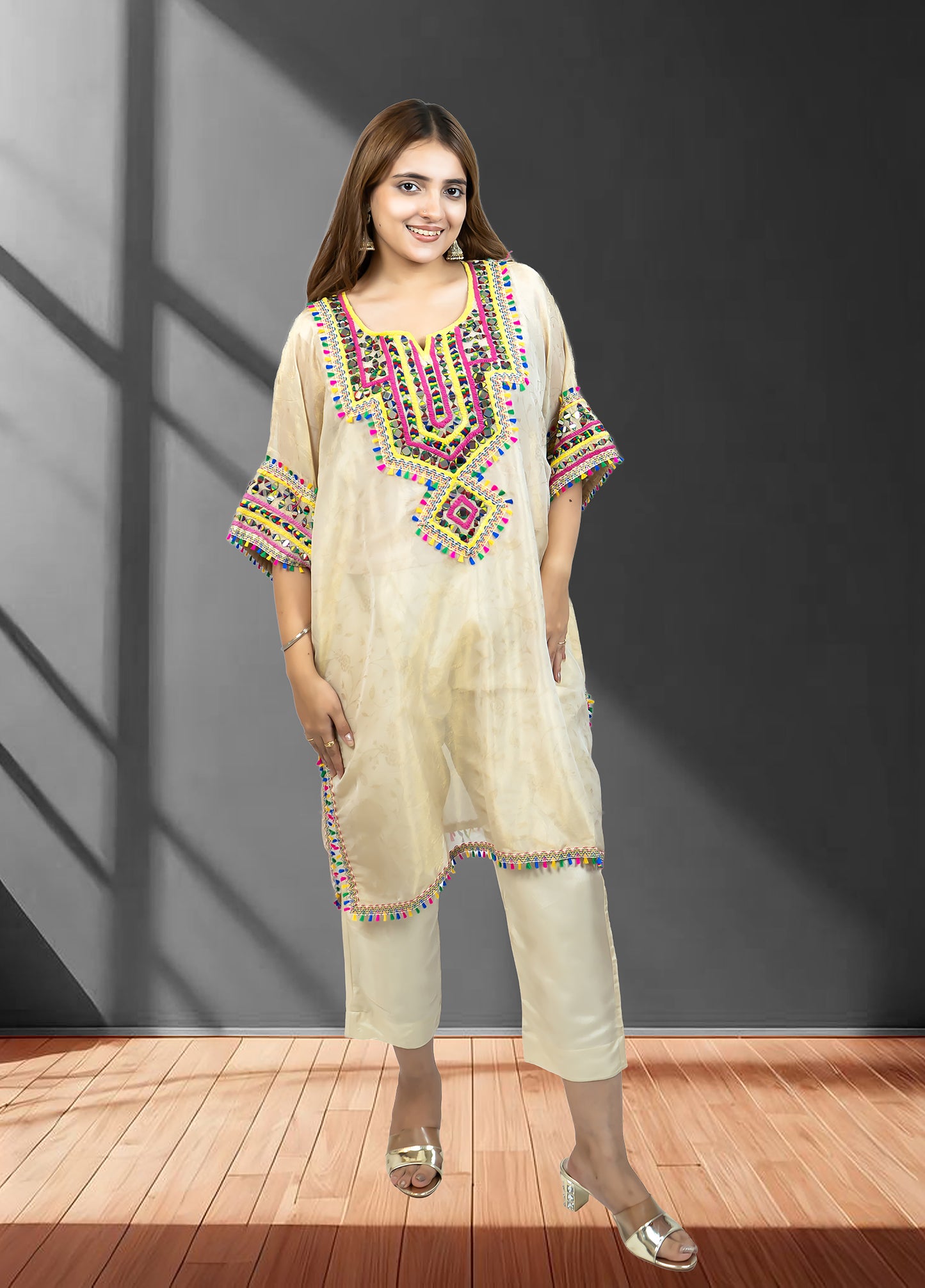 Light Gold Tissue Choga with Pant | Mirror Work | Sizes M–XL - Bebo N Lolo