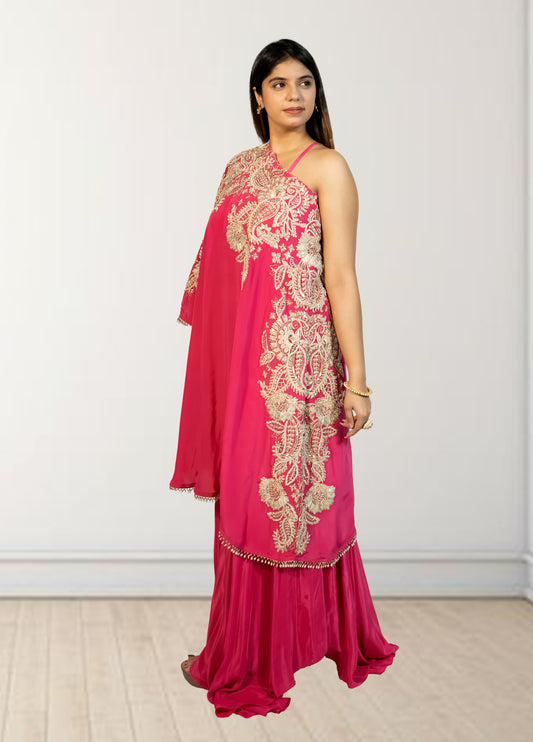 Hot Pink Off-Shoulder Cape with Sharara & Breastiser | Pearl, Lace, Cut Dana & Sequence Work | Indo Western | Sizes L–XXL - Bebo N Lolo