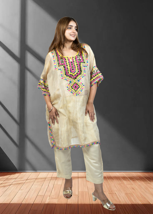 Light Gold Tissue Choga with Pant | Mirror Work | Sizes M–XL - Bebo N Lolo