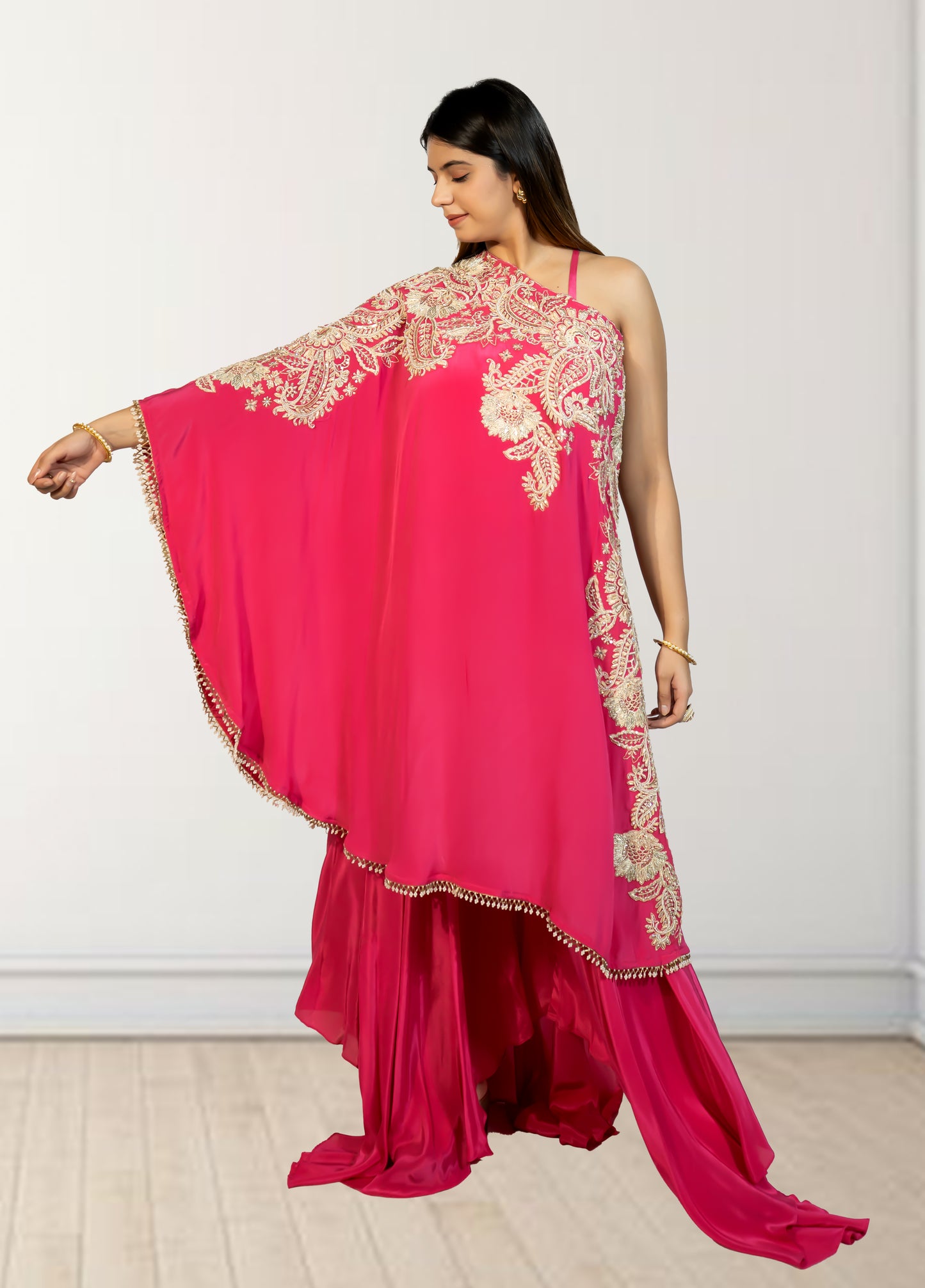 Hot Pink Off-Shoulder Cape with Sharara & Breastiser | Pearl, Lace, Cut Dana & Sequence Work | Indo Western | Sizes L–XXL - Bebo N Lolo
