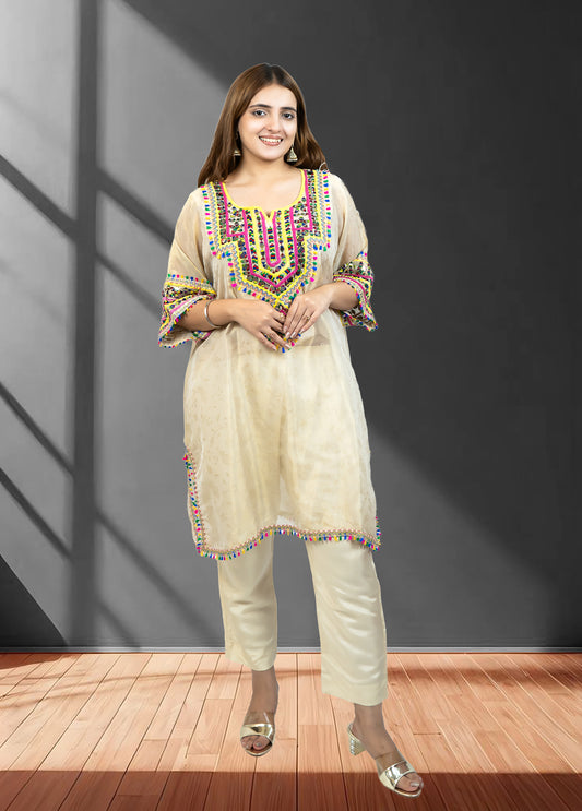 Light Gold Tissue Choga with Pant | Mirror Work | Sizes M–XL - Bebo N Lolo