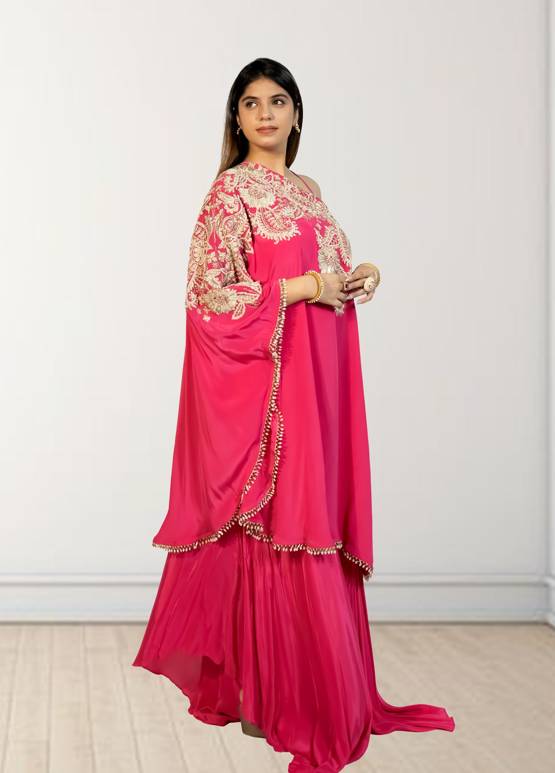 Hot Pink Off-Shoulder Cape with Sharara & Breastiser | Pearl, Lace, Cut Dana & Sequence Work | Indo Western | Sizes L–XXL - Bebo N Lolo
