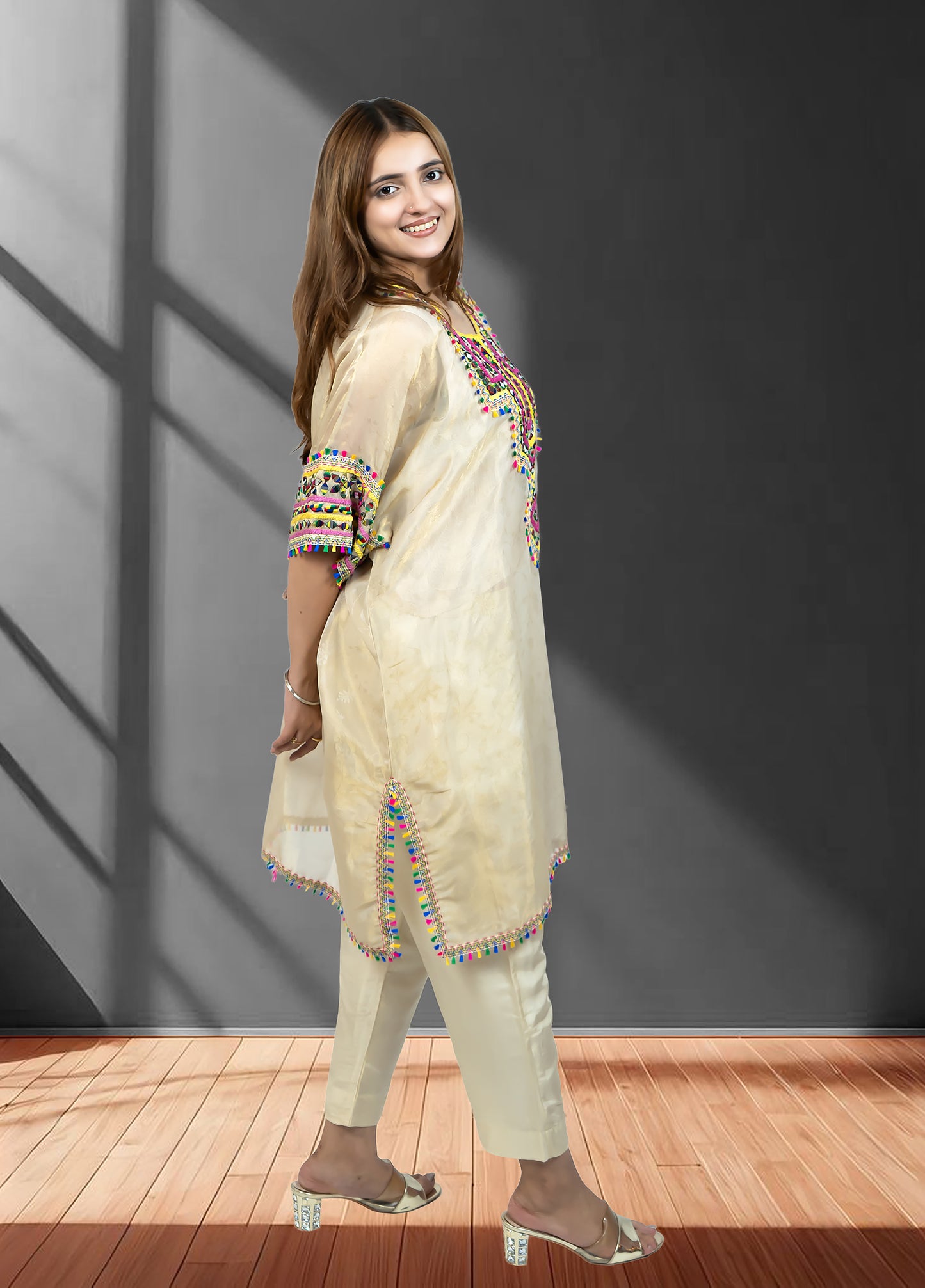 Light Gold Tissue Choga with Pant | Mirror Work | Sizes M–XL - Bebo N Lolo