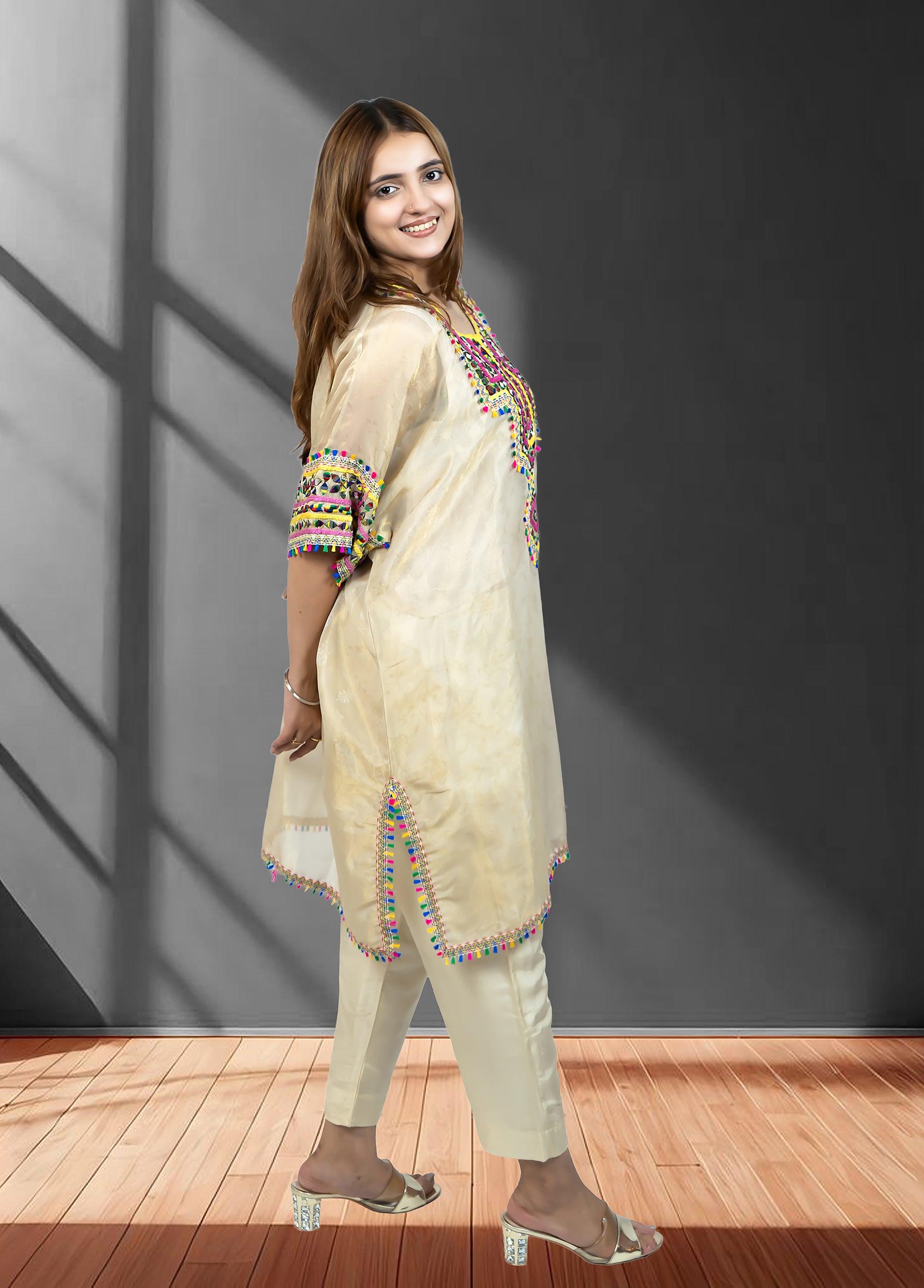Light Gold Tissue Choga with Pant | Mirror Work | Sizes M–XL - Bebo N Lolo