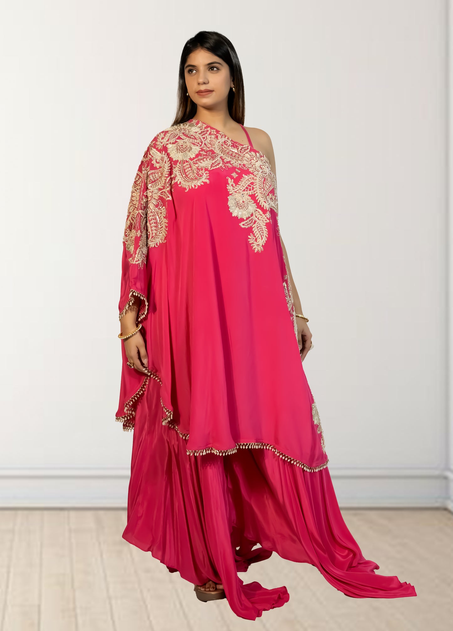 Hot Pink Off-Shoulder Cape with Sharara & Breastiser | Pearl, Lace, Cut Dana & Sequence Work | Indo Western | Sizes L–XXL - Bebo N Lolo