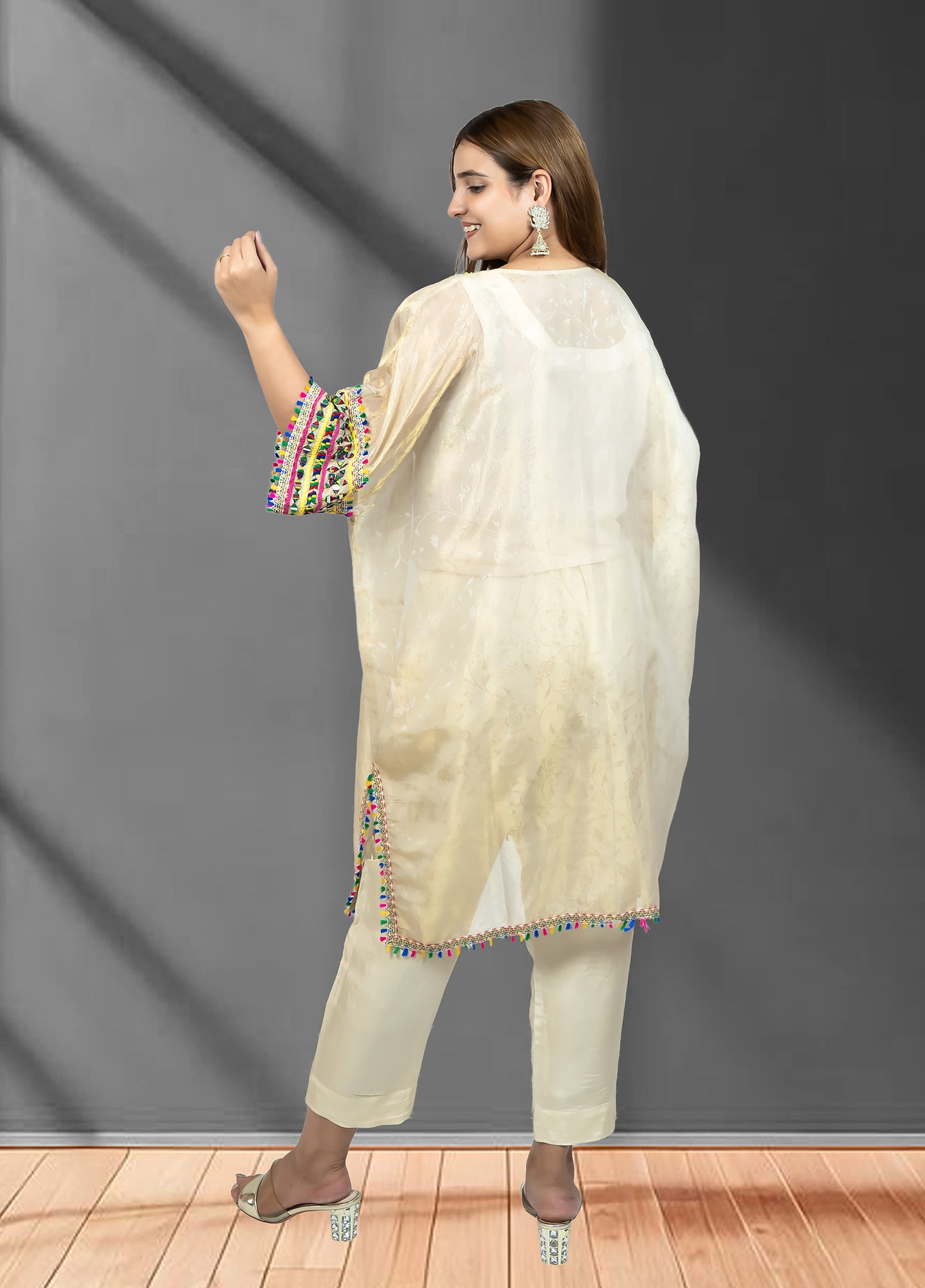 Light Gold Tissue Choga with Pant | Mirror Work | Sizes M–XL - Bebo N Lolo