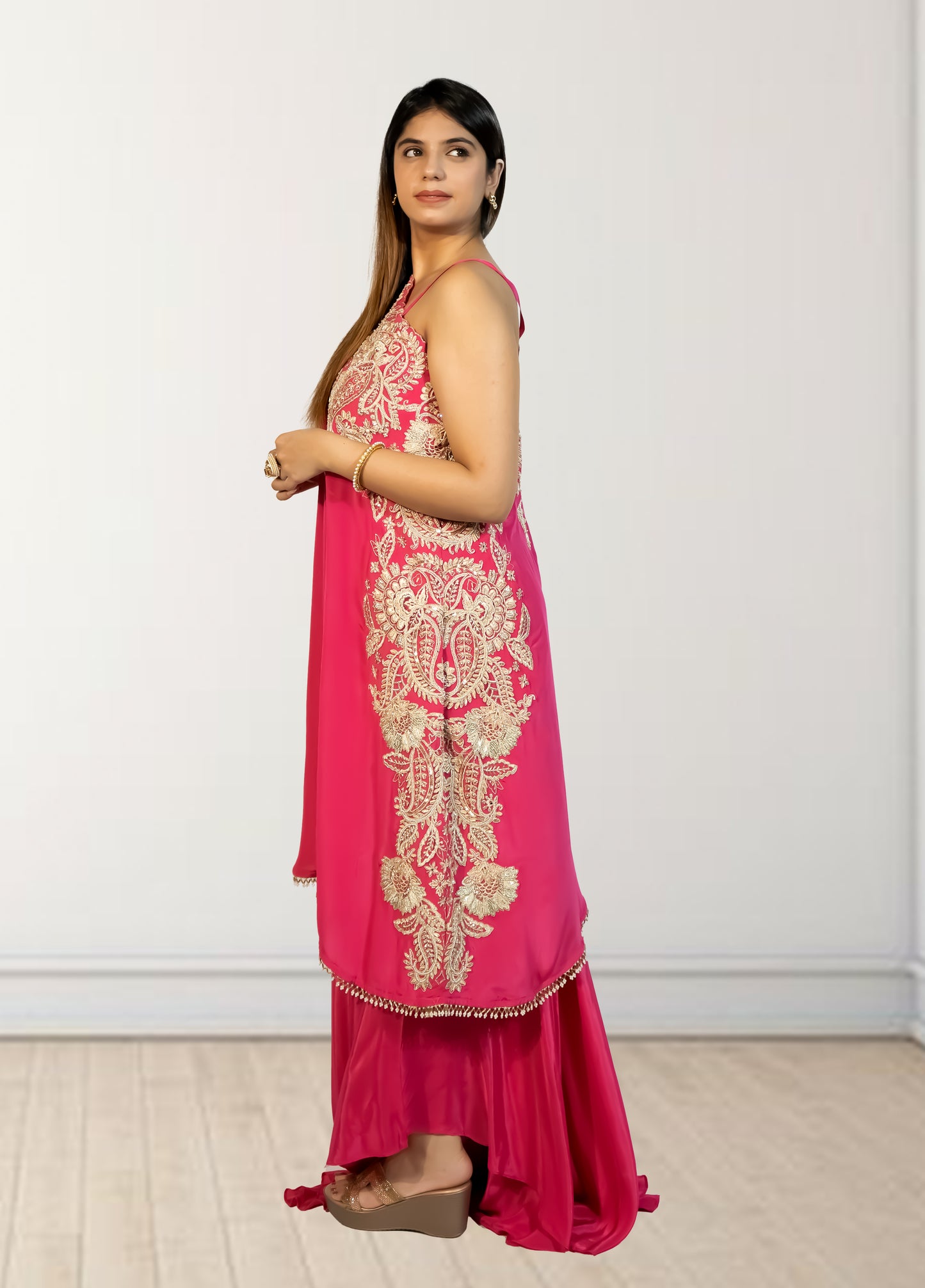 Hot Pink Off-Shoulder Cape with Sharara & Breastiser | Pearl, Lace, Cut Dana & Sequence Work | Indo Western | Sizes L–XXL - Bebo N Lolo