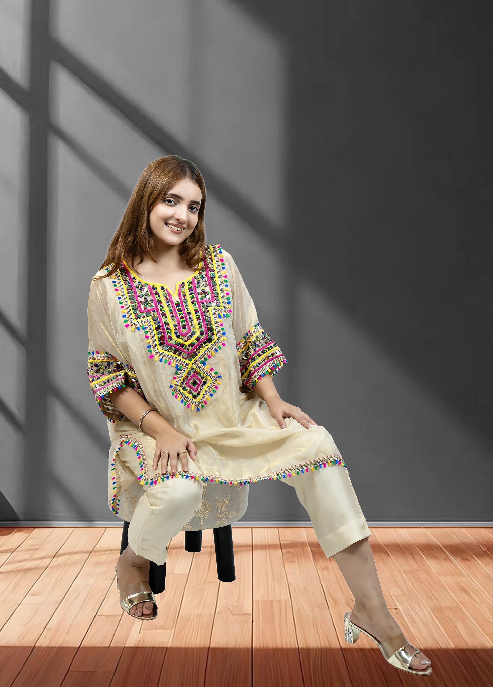 Light Gold Tissue Choga with Pant | Mirror Work | Sizes M–XL - Bebo N Lolo