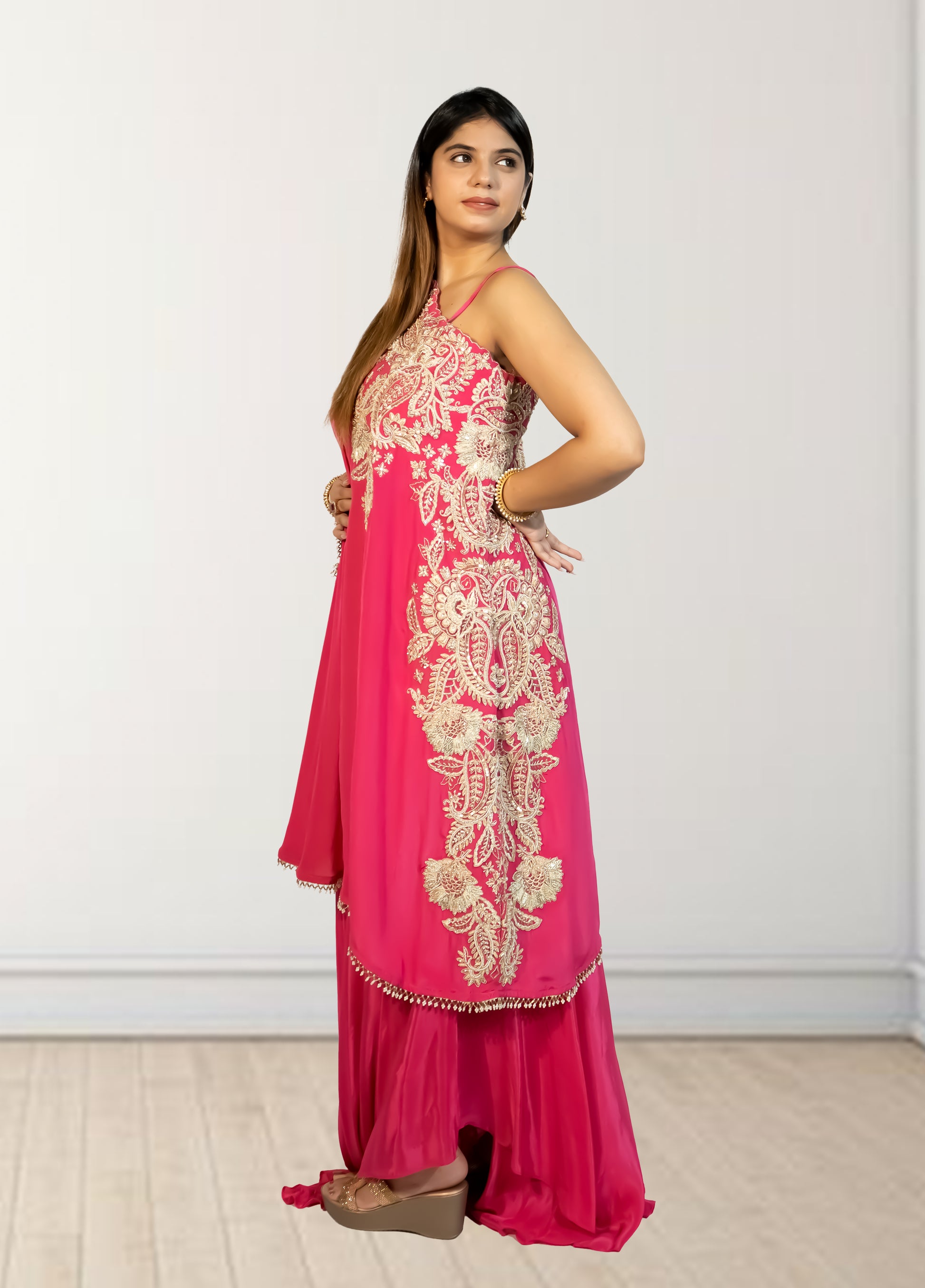Hot Pink Off-Shoulder Cape with Sharara & Breastiser | Pearl, Lace, Cut Dana & Sequence Work | Indo Western | Sizes L–XXL - Bebo N Lolo