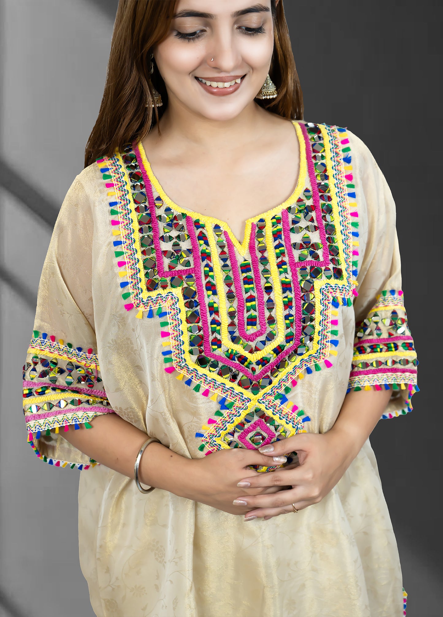 Light Gold Tissue Choga with Pant | Mirror Work | Sizes M–XL - Bebo N Lolo