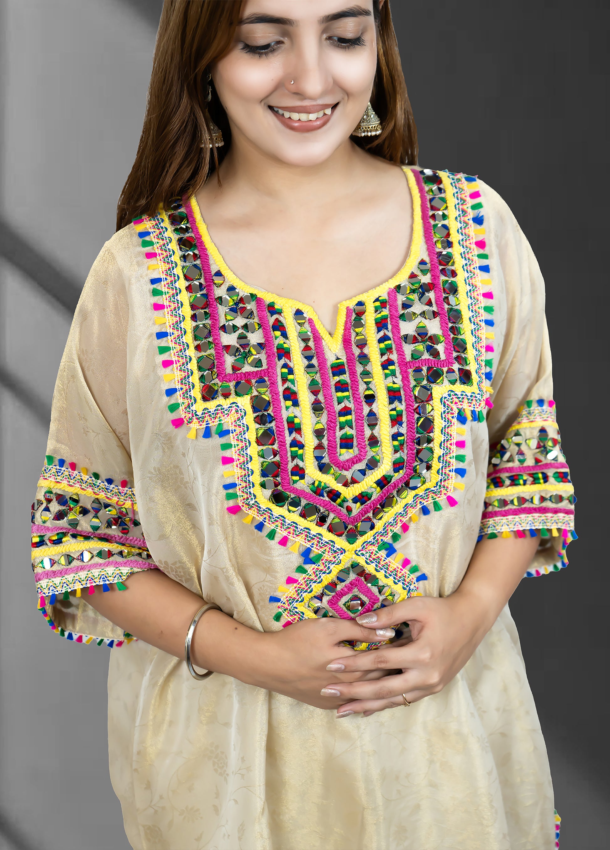Light Gold Tissue Choga with Pant | Mirror Work | Sizes M–XL - Bebo N Lolo