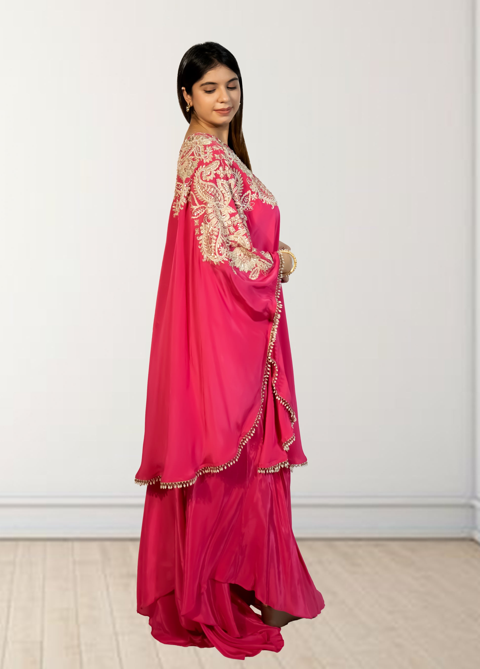 Hot Pink Off-Shoulder Cape with Sharara & Breastiser | Pearl, Lace, Cut Dana & Sequence Work | Indo Western | Sizes L–XXL - Bebo N Lolo